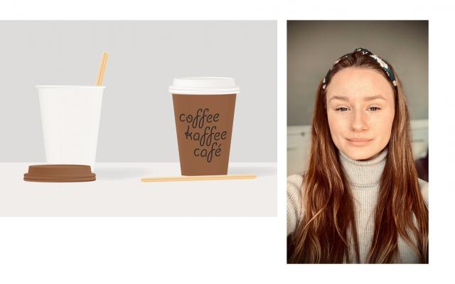 Två tecknade take-away-muggar med kaffe, och profilbild på flicka med långt hår