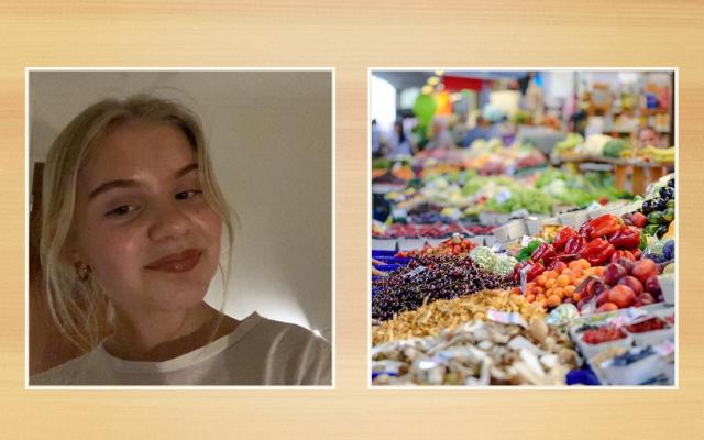En porträttbild på tjej i blont hår. En annan bild till höger på grönsaker och frukt i en matbutik.