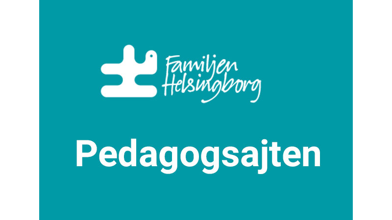 Vit pusselbit med texten Familjen Helsingborg i snirkliga bokstäver, Text pedagogsiten i vitt. Allt på blå bakgrund